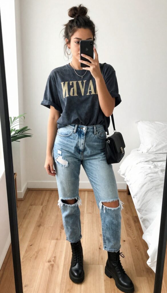 Woman in oversized band tee and ripped mom jeans taking a mirror selfie, wearing combat boots and crossbody bag.
