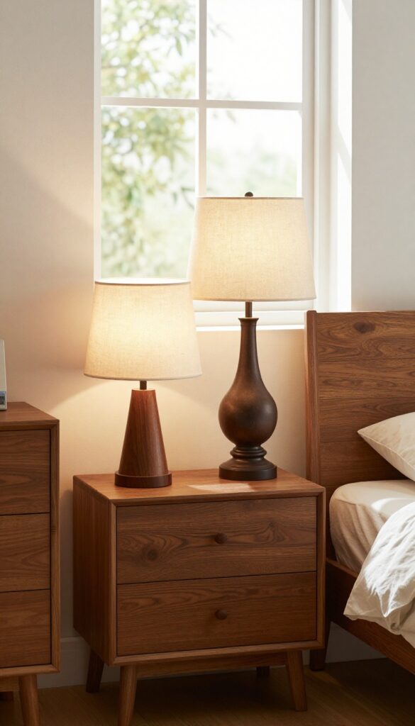 A cozy bedroom with dark brown lighting fixtures including wooden and ceramic lamps on nightstands and a floor lamp, creating warm contrast in bright natural light.
