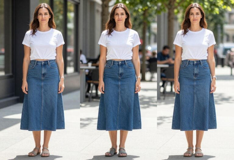 A woman wearing a long denim skirt and white tee in a stylish summer outfit, showcasing effortless fashion with minimal accessories in bright natural light.