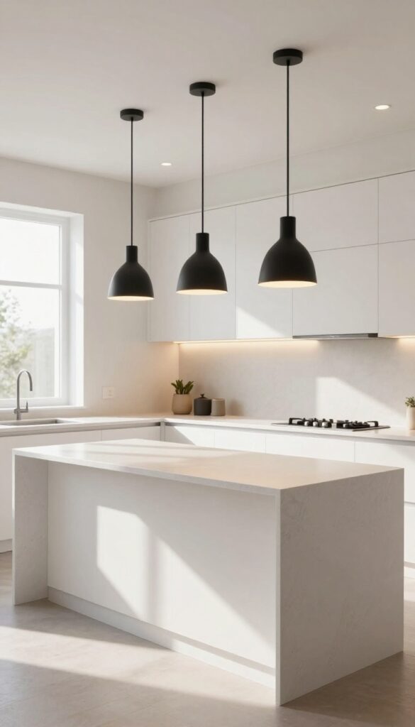 Modern kitchen with layered lighting: pendant lights over island, under-cabinet strips, and recessed ceiling lights.