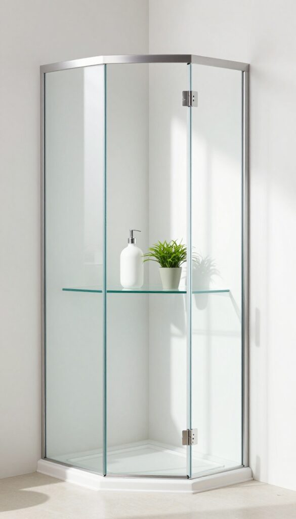 Neo angle shower with corner-mounted glass shelves holding a white bottle and a small plant