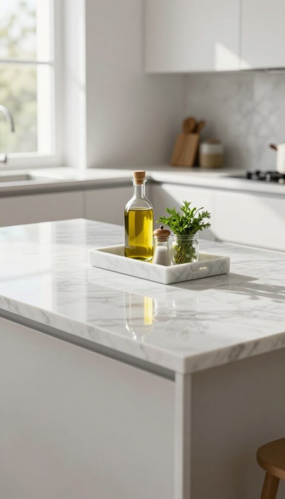 Kitchen island with marble tray holding olive oil, salt, pepper, and herbs in bright natural light.