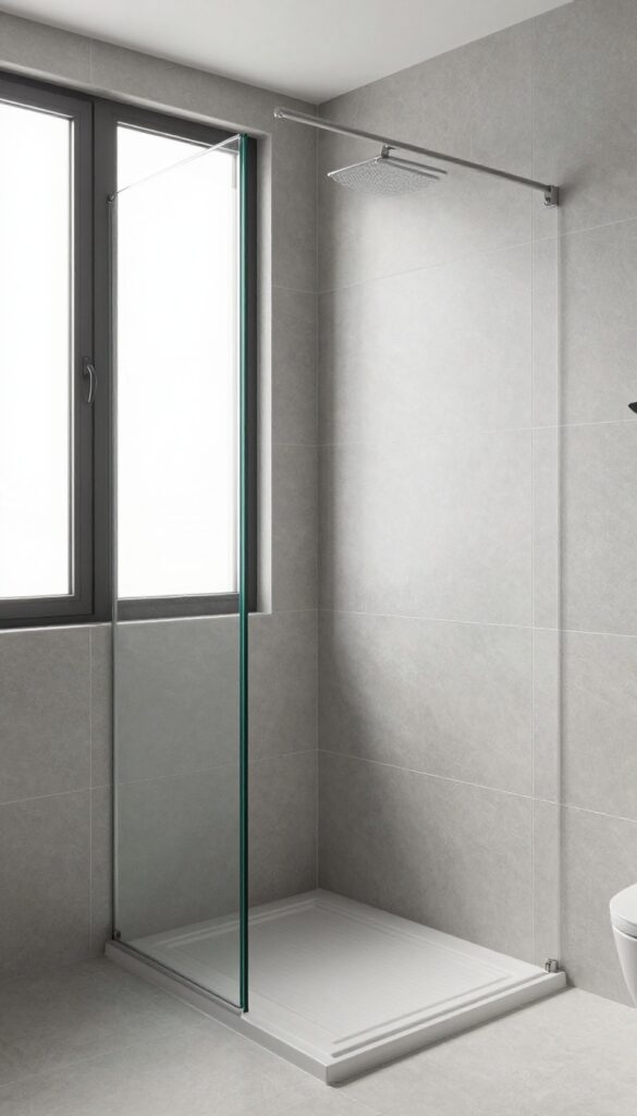 Master bathroom walk-in shower with large-format tiles for seamless flow, showcasing a spacious and polished design.
