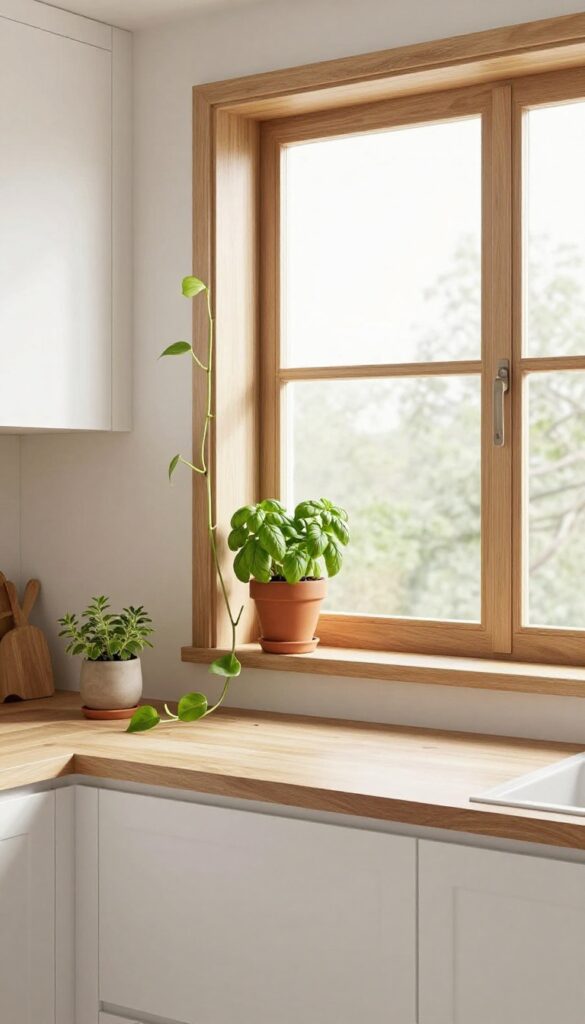 A bright kitchen with plants on windowsill and counter, trailing vine above cabinets