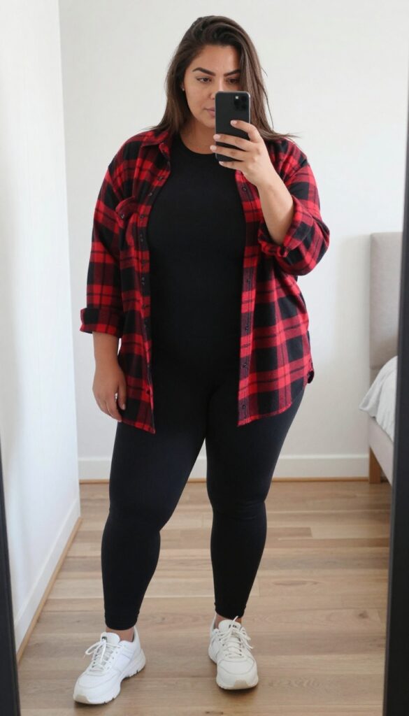 Plus-size woman in black tee, leggings, and open flannel shirt, taking a mirror selfie with sneakers and tote bag.