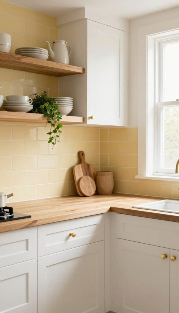 Bright kitchen with white cabinets and butter yellow backsplash, warm wood shelves, brass hardware, natural light
