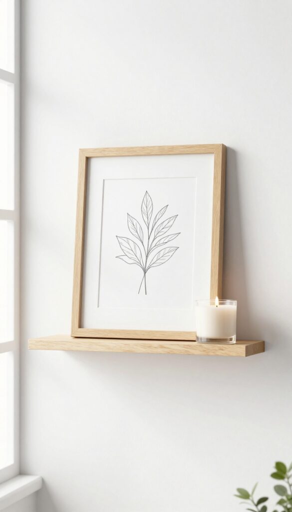 A styled bathroom shelf with leaned artwork, a candle, and a plant for height variation and depth.