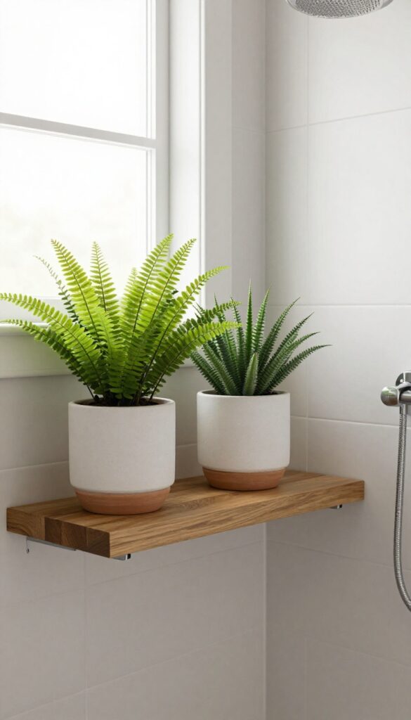 A farmhouse bathroom shower with potted plants on a wooden shelf, showcasing natural greenery in bright light for a calming, inviting vibe.