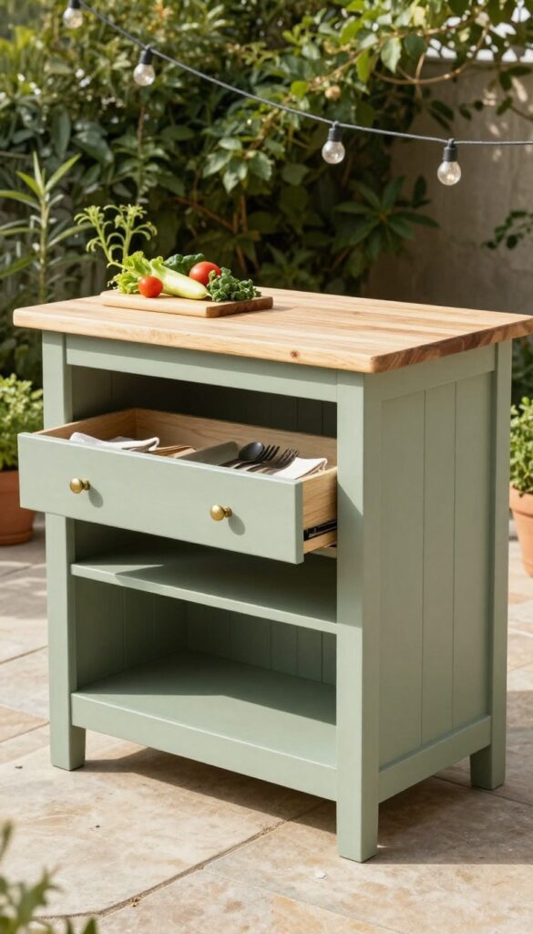 Repurposed dresser as outdoor kitchen island with butcher block top, sage green paint, and storage drawers