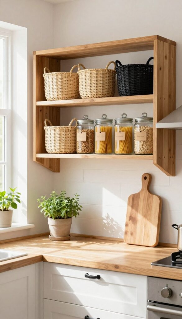 Open shelves in a cozy kitchen with woven baskets and glass canisters neatly organized.