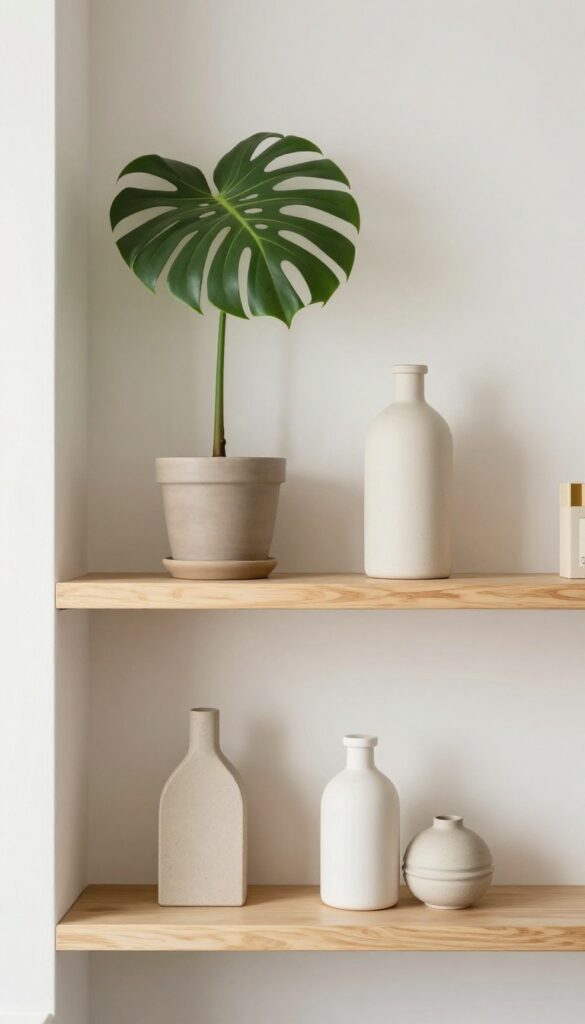 A bathroom shelf decorated with mixed height accessories including a tall plant at the back and shorter items in front for visual movement.