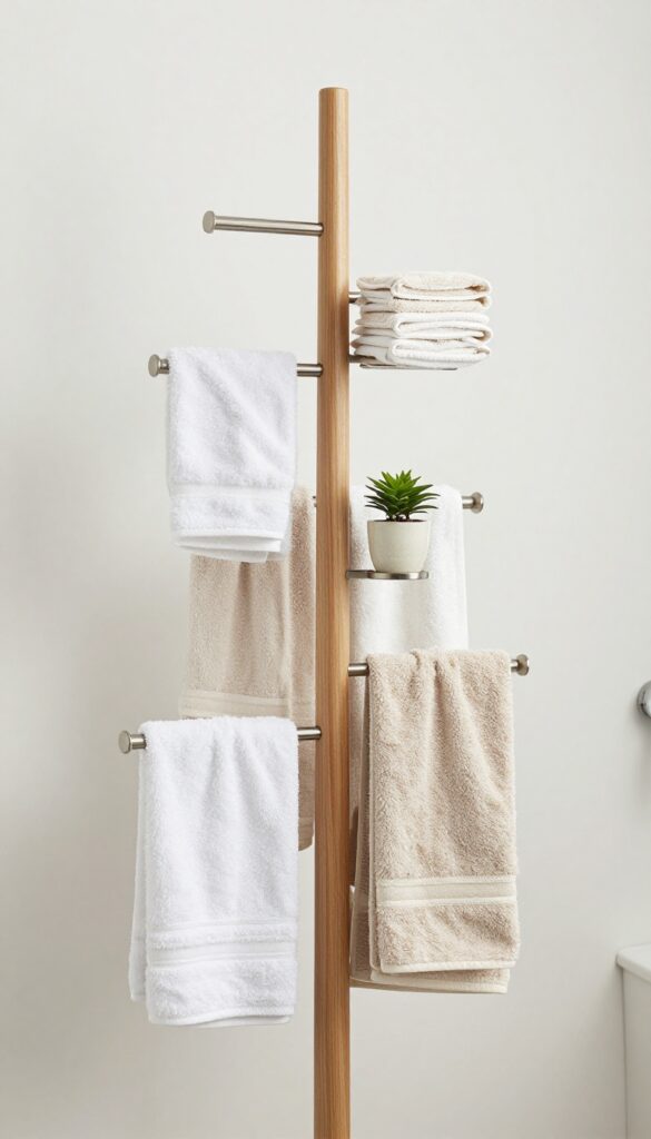 A towel tree with multiple arms holding several towels in a bright, clean bathroom, showcasing an organized storage solution for shared spaces.