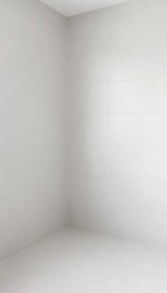 A small bathroom with large-format tiles in light colors, showcasing a seamless look to make the space appear larger and more open.