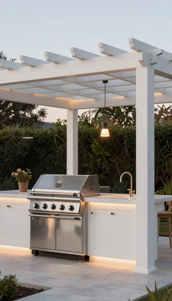 Modern outdoor kitchen under a white pergola with integrated warm LED lighting and pendant lights.