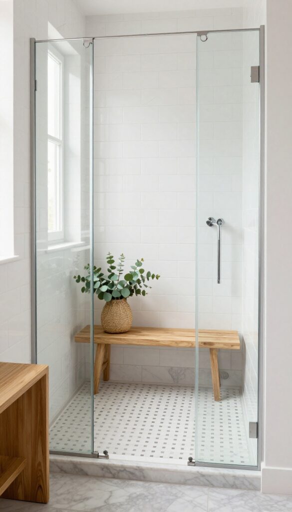 Carrara marble basketweave shower floor with white walls and teak bench