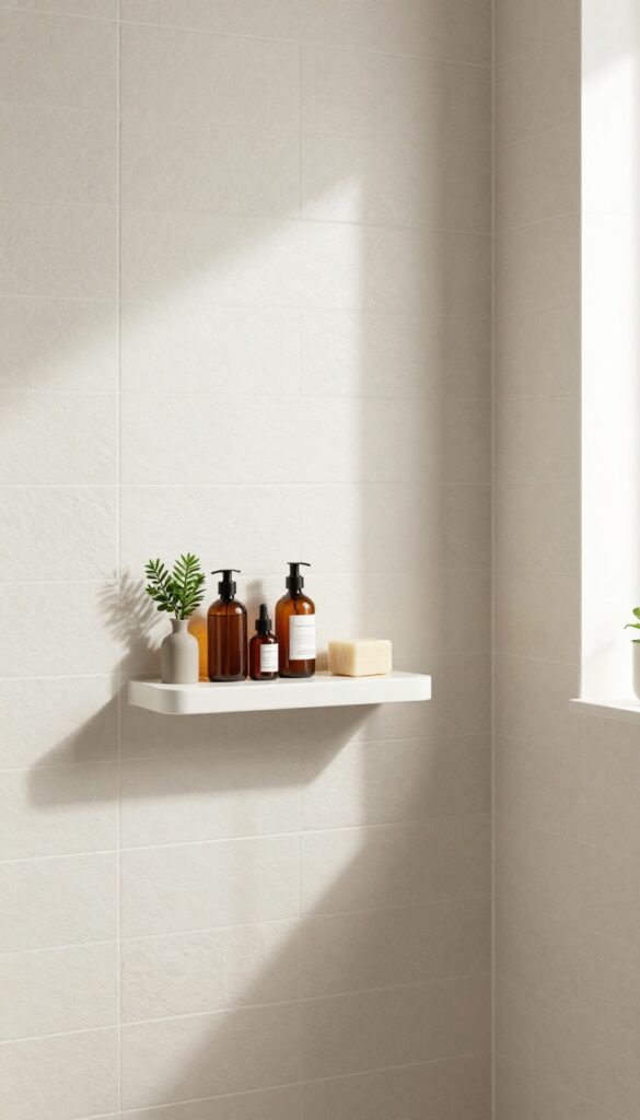 A small standing shower corner with built-in niches and textured backsplashes for storage and visual interest.