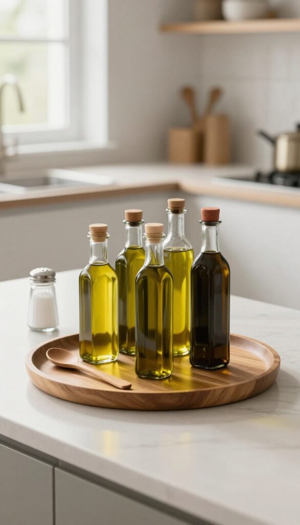 Round wooden lazy Susan tray with oil bottles on a kitchen countertop, bright natural light, clean and cozy.