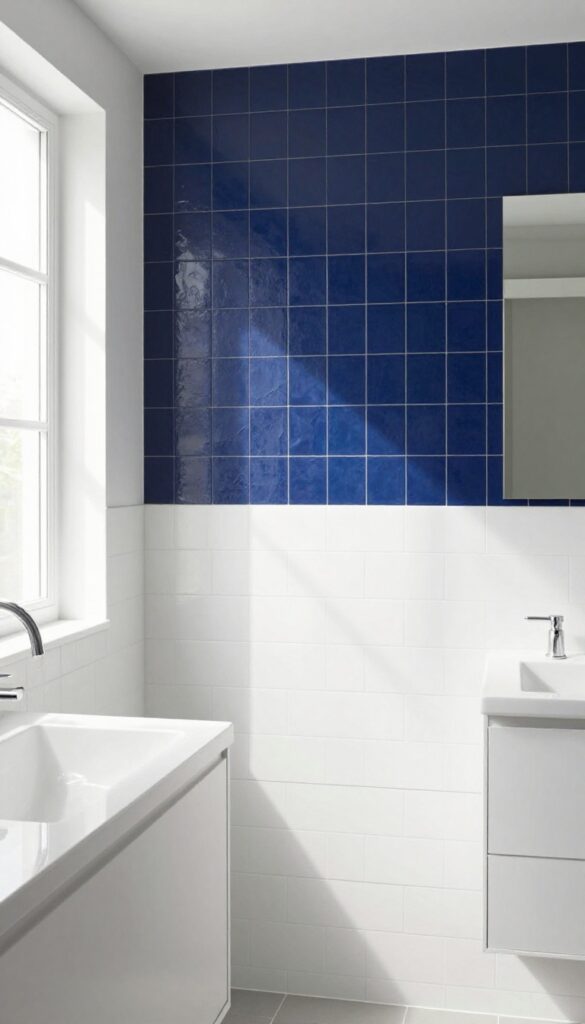 Bathroom pony wall with contrasting navy tile band at eye level, bright natural light, clean composition.