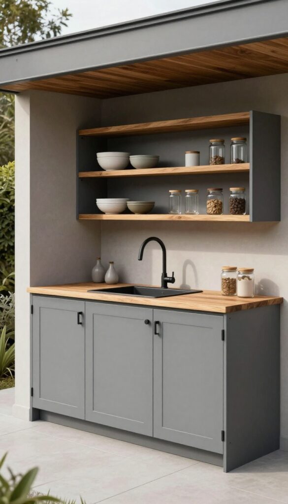 Modern outdoor kitchen with weatherproof handleless cabinets, warm wood countertop, and matte black sink