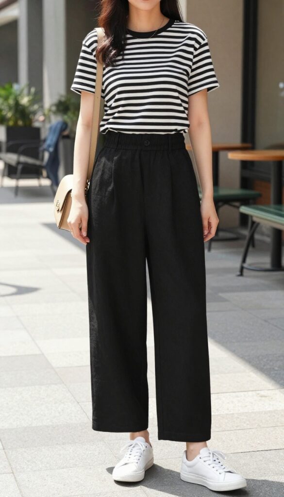A woman wearing black ankle-length pants with a black-and-white striped tee and white sneakers, styled with a crossbody bag and minimal accessories in a bright summer setting.