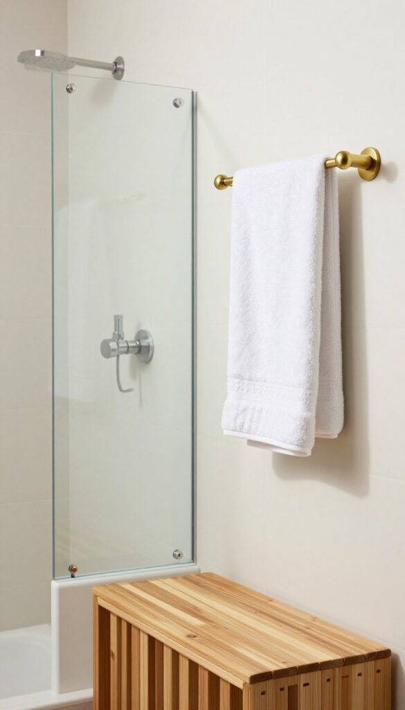 Open shower with single glass screen in bright bathroom with wood accents and heated towel rack