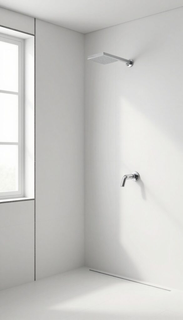 A modern bathroom shower with large white tiles and a dark slate border, showcasing clean lines and natural light in a photorealistic style.