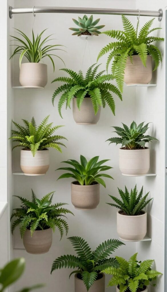 A small quadrant shower room decorated with various green plants on shelves and in hanging pots to create a fresh, natural atmosphere.