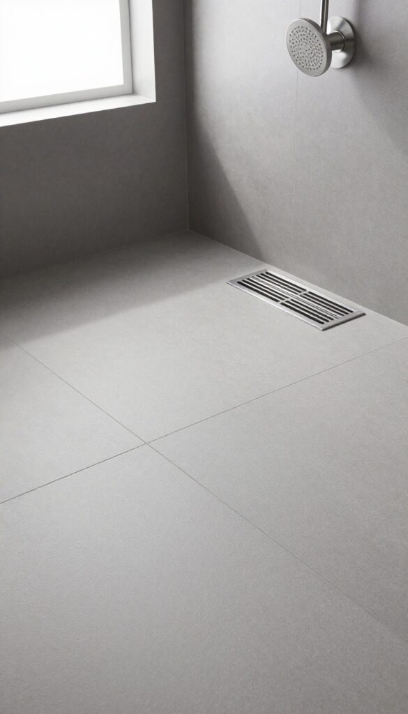 Close-up of a modern shower floor with a sleek linear drain and built-in hair catcher, flush with matte gray tiles