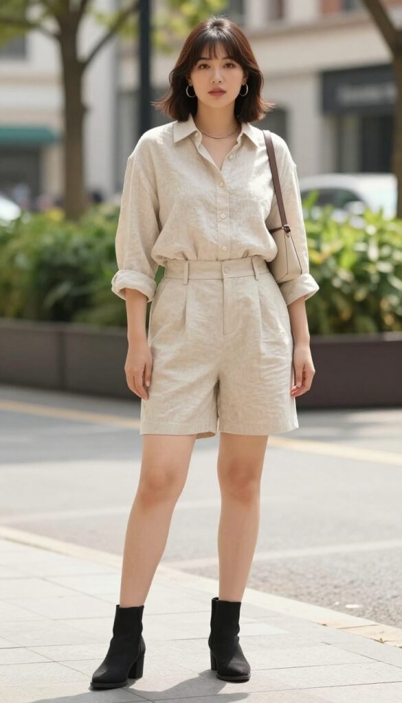A woman wearing a monochrome summer outfit with black boots, showcasing a beige linen shirt and tailored shorts in a bright outdoor setting, styled for a fashion blog.
