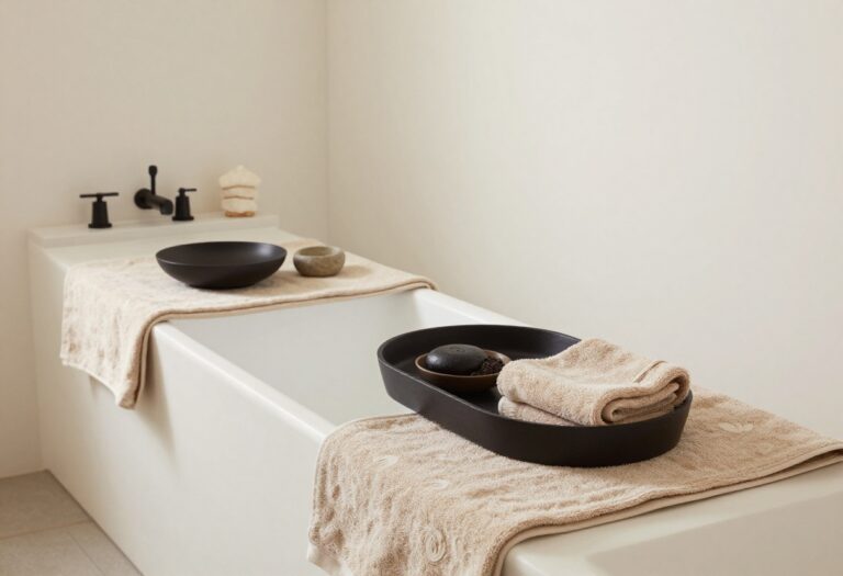 A serene Zen spa bathroom with neutral tones and minimalist decor for a calm retreat.