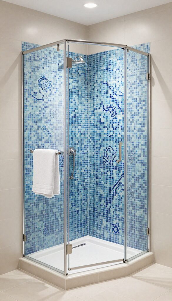 A walk-in shower with a blue mosaic accent wall in soothing tones, showcasing intricate patterns under natural light, set against neutral tiles for a custom and calm bathroom design.