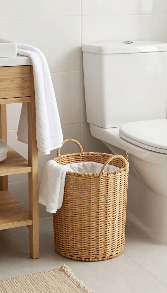 A woven basket trash can in a modern bathroom, adding natural texture and warmth to the space.