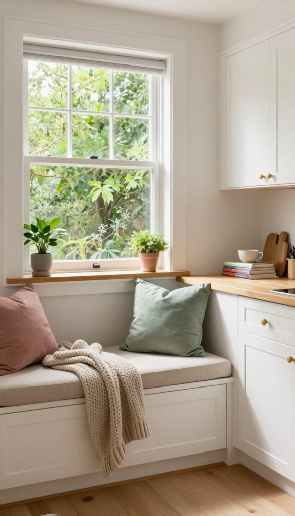 Cozy kitchen bay window with built-in seat, oatmeal cushions, and throw pillows in dusty rose and sage green.