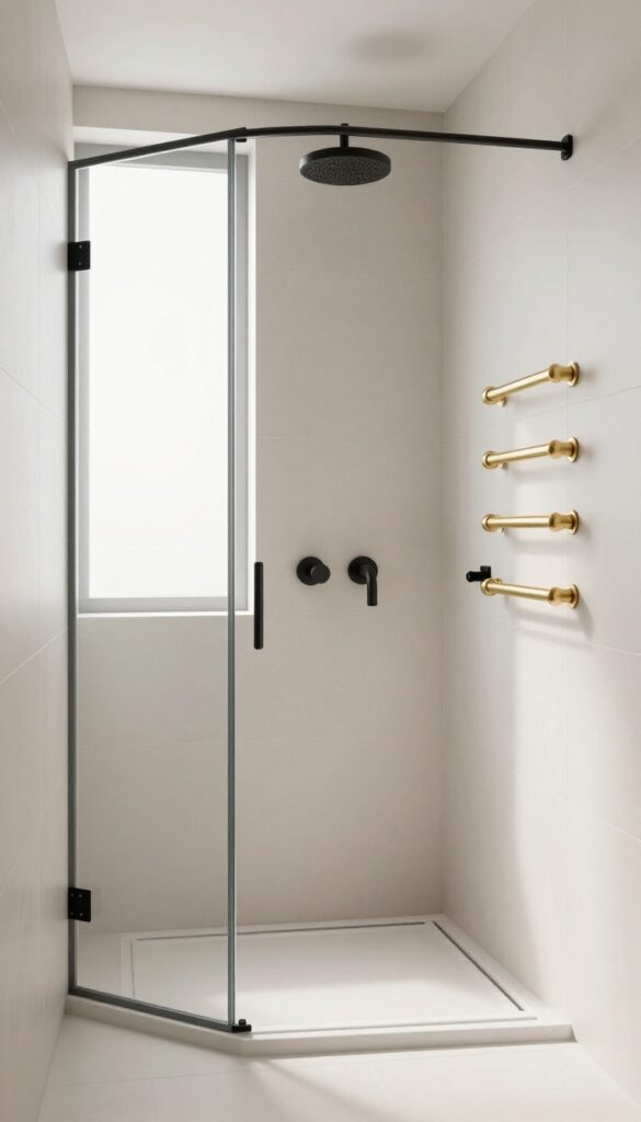 A modern walk-in shower showcasing mixed metal finishes with matte black and brass accents in a bright, neutral bathroom setting