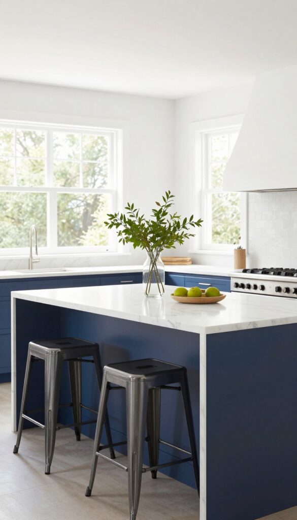 Modern kitchen with a functional island featuring a white marble waterfall countertop, navy blue base, and three metal bar stools.