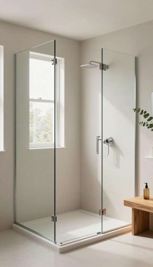 A modern walk-in shower with frameless glass enclosure in bright natural light, showcasing seamless design and spa-like decor for a spacious bathroom inspiration.