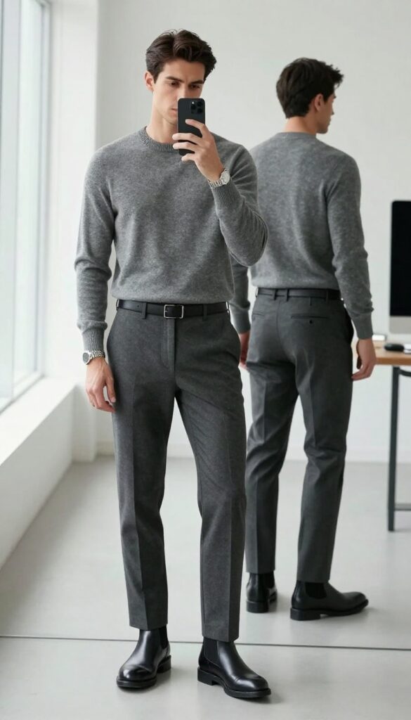 A man in a charcoal grey sweater and trousers with black Chelsea boots takes a mirror selfie in a bright modern office, showcasing a minimalist monochrome business casual outfit.