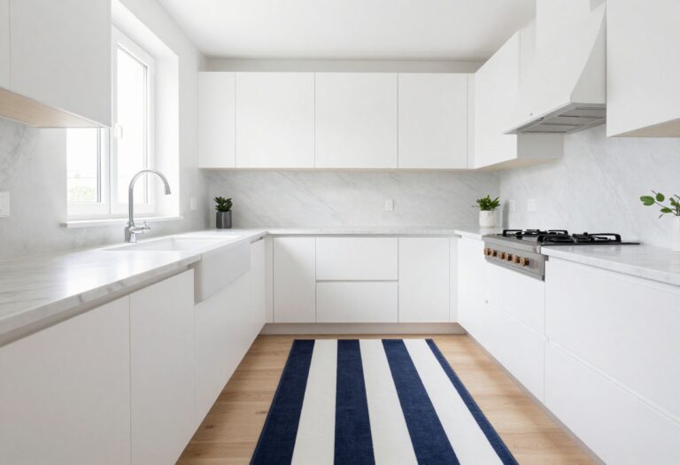 Modern kitchen with navy and white striped runner on light wood floor