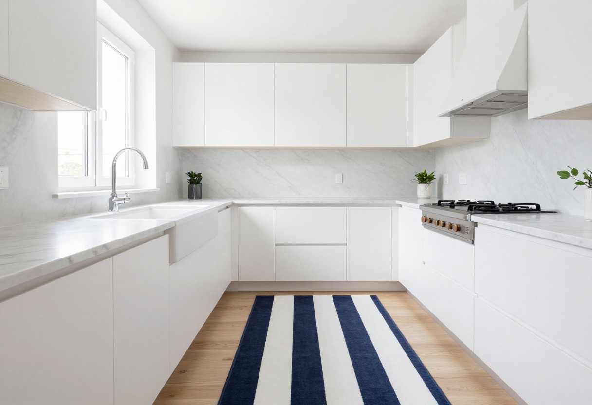 Modern kitchen with navy and white striped runner on light wood floor