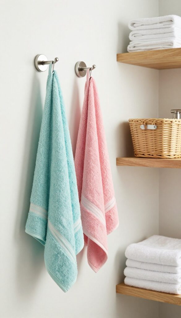A bright bathroom with double towel system: hooks for daily use and folded towels in a basket for guests.