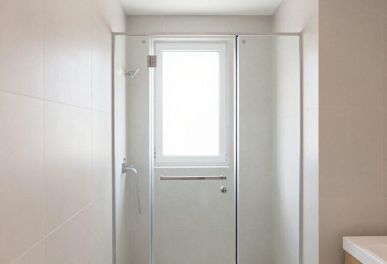 Modern bathroom with a frameless glass door shower, natural light, and light tiles creating a bright, airy space.