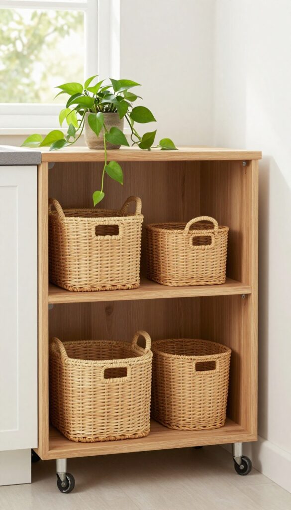 Kitchen trolley with open shelves and woven baskets, topped with a pothos plant in natural light.