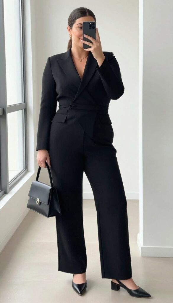 Plus-size woman in structured black jumpsuit taking mirror selfie, business casual outfit with pointed flats and minimal accessories.