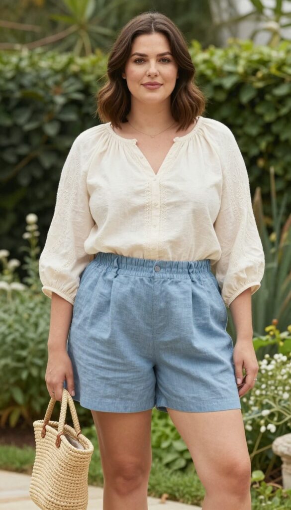 A woman wearing high-waisted shorts and a loose peasant blouse in a casual boho outfit, styled with sandals and accessories, standing in a sunny outdoor setting.