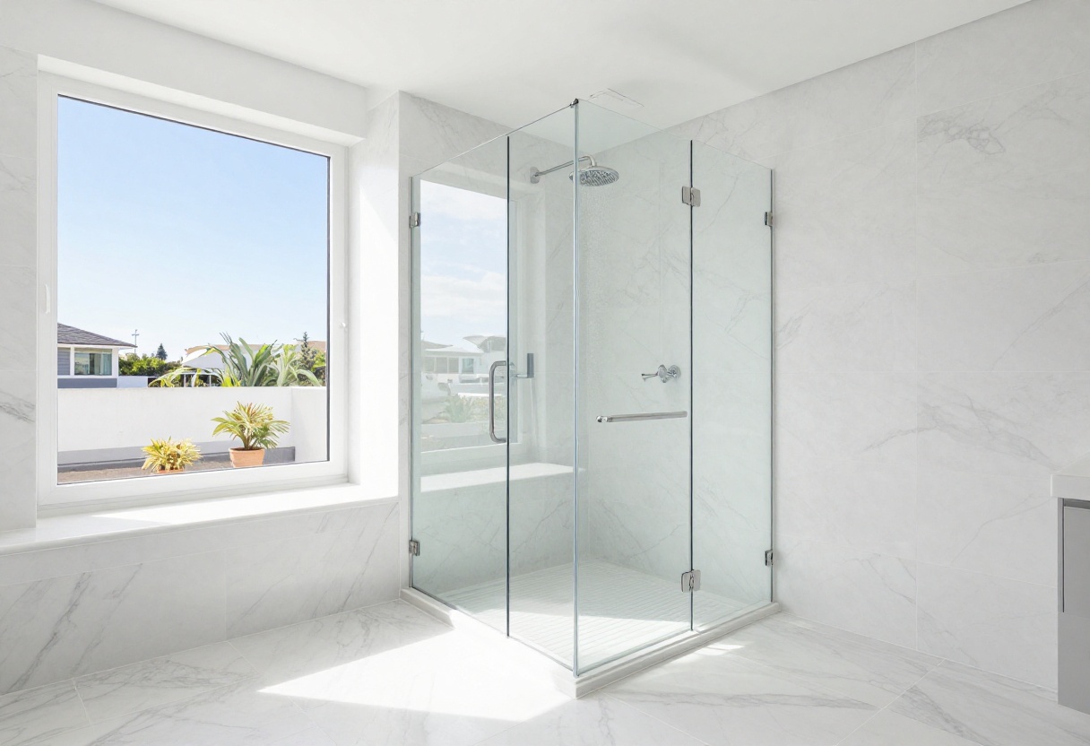 Large tile walk-in shower with marble slabs and glass enclosure