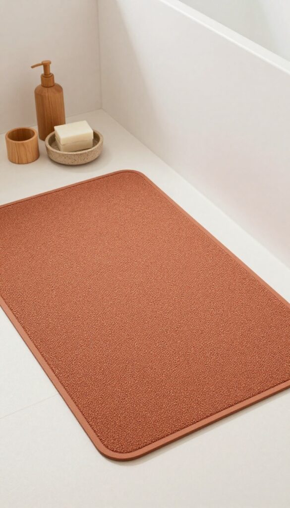 Textured rubber shower mat in earthy tones like olive or terracotta on a bathroom floor, with wooden accessories and stoneware nearby, in a minimalist setting.