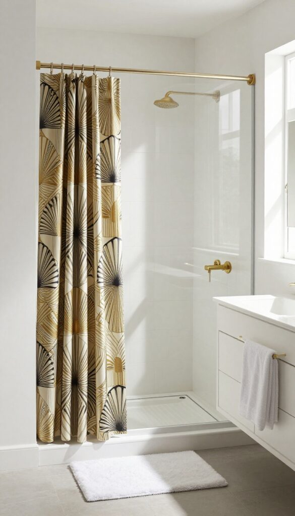 Bright bathroom with Art Deco geometric shower curtain in muted gold and black on cream, sleek vanity, brass hardware, and plush white towels.