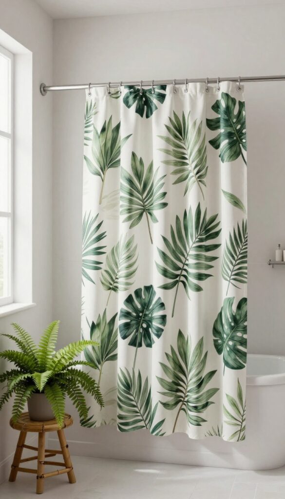 A tall botanical print shower curtain with large leaves in a bright, neutral bathroom, styled with a bamboo stool and potted ferns to create an open, airy feel.