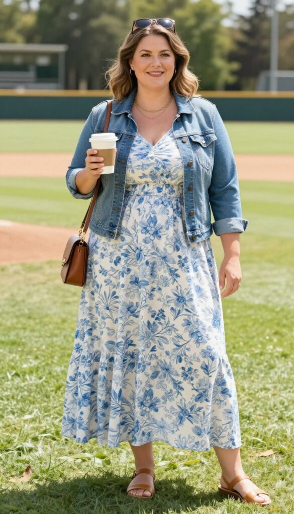 A plus-size woman wearing a floral maxi dress with a denim jacket, flat sandals, and crossbody bag on a sunny baseball field.