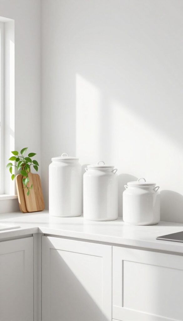 Stacked white ceramic canisters on top of kitchen cabinets with varying heights, wooden cutting board and trailing plant nearby.